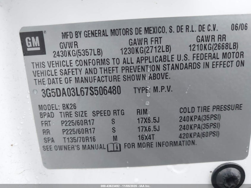 2007 Buick Rendezvous Cxl VIN: 3G5DA03L67S506480 Lot: 43623492