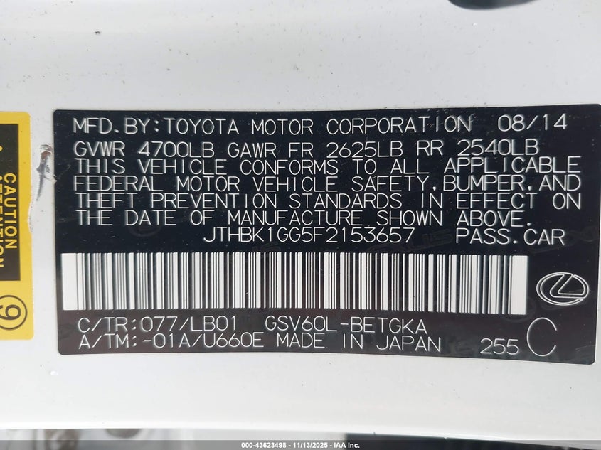 2015 LEXUS ES 350 JTHBK1GG5F2153657