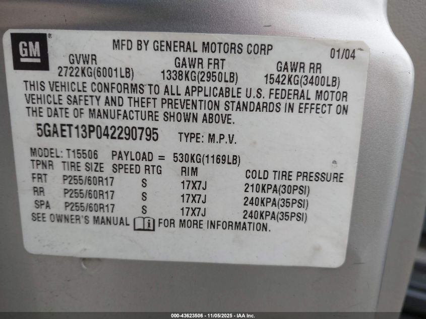 2004 Buick Rainier Cxl Plus VIN: 5GAET13P042290795 Lot: 43623506