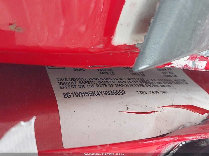 2000 Chevrolet Impala Ls VIN: 2G1WH55K4Y9336092 Lot: 43623510