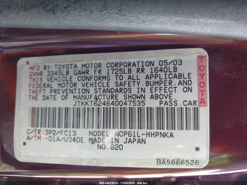 JTKKT624640047535 2004 SCION XA photo no. 9