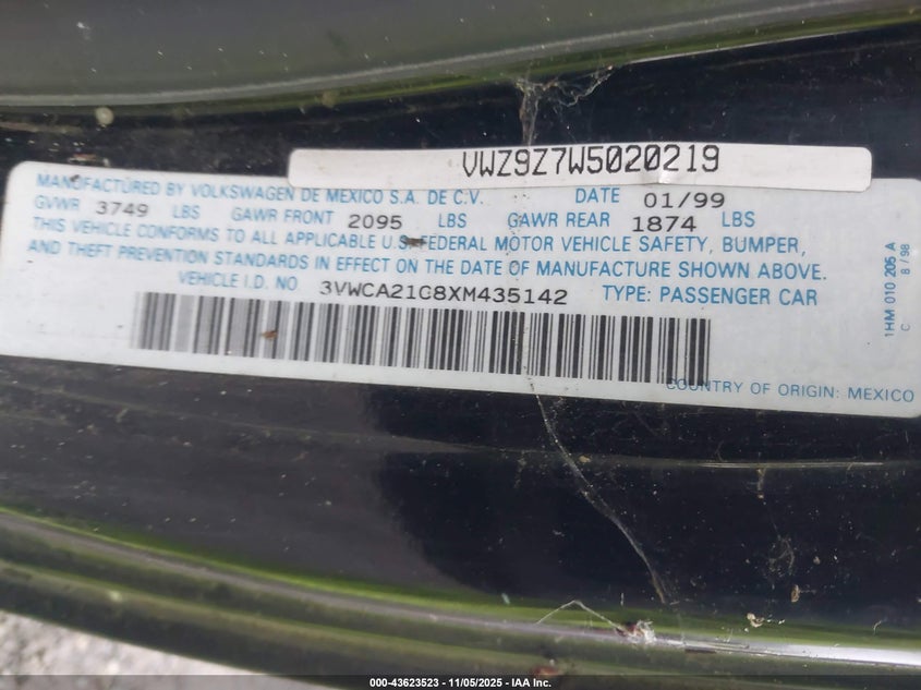 1999 Volkswagen New Beetle Gls VIN: 3VWCA21C8XM435142 Lot: 43623523