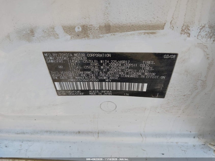 2008 Toyota Rav4 VIN: JTMBD33V386079050 Lot: 43623539