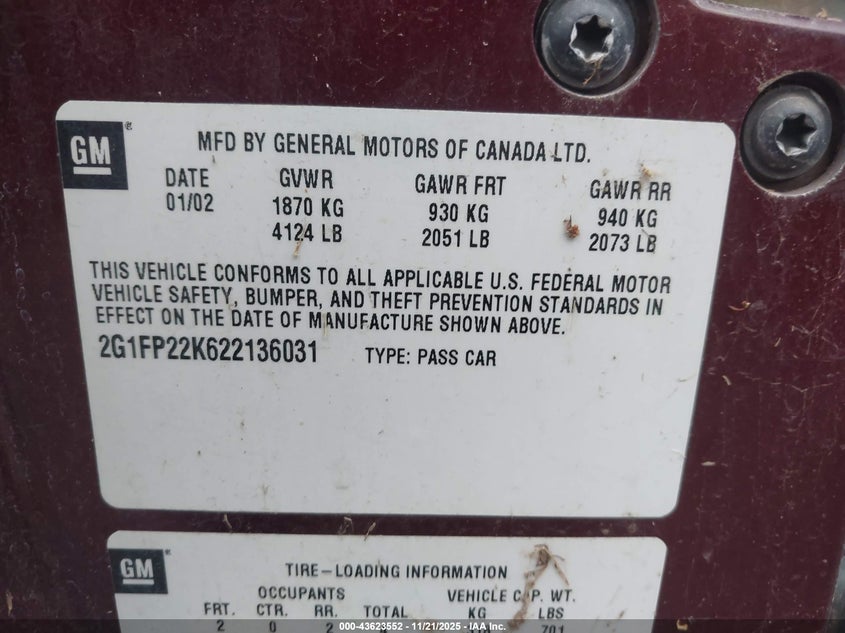 2002 Chevrolet Camaro VIN: 2G1FP22K622136031 Lot: 43623552