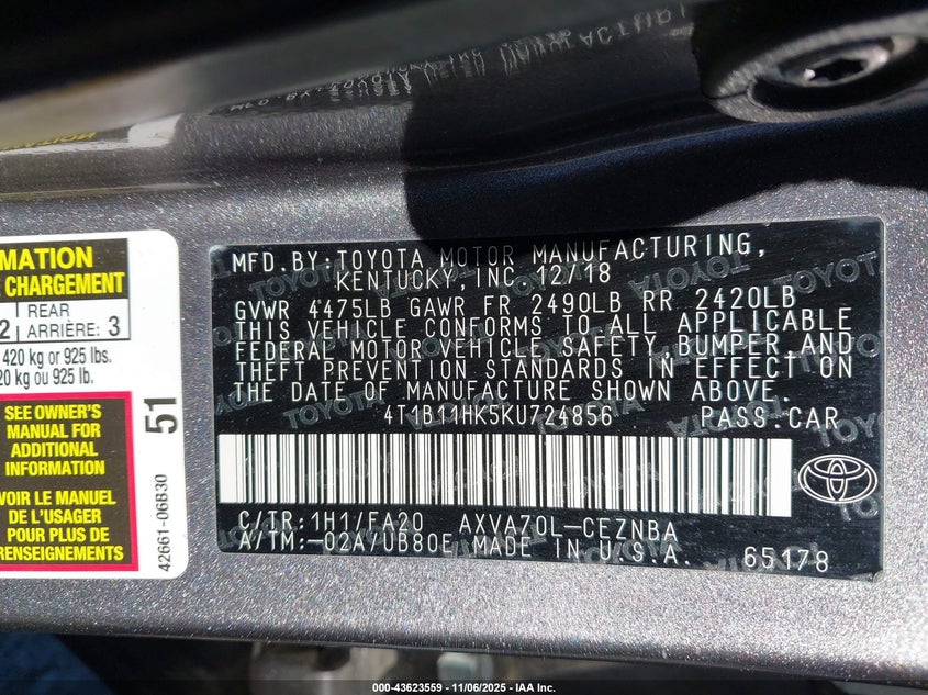 4T1B11HK5KU724856 2019 TOYOTA CAMRY photo no. 9
