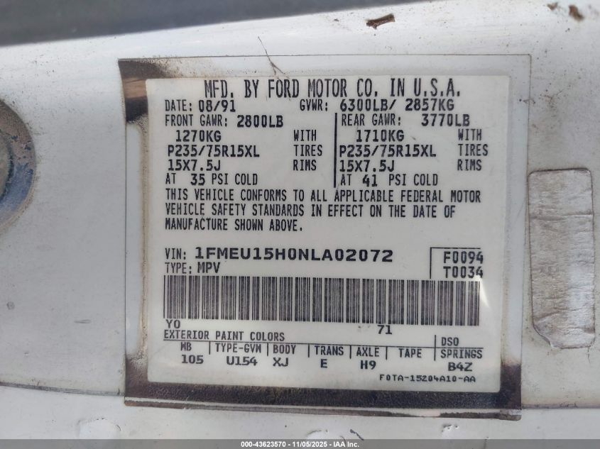 1992 Ford Bronco U100 VIN: 1FMEU15H0NLA02072 Lot: 43623570