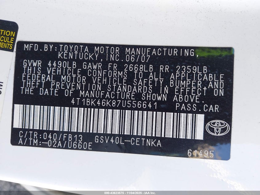 2007 Toyota Camry Le V6 VIN: 4T1BK46K87U556641 Lot: 43623575