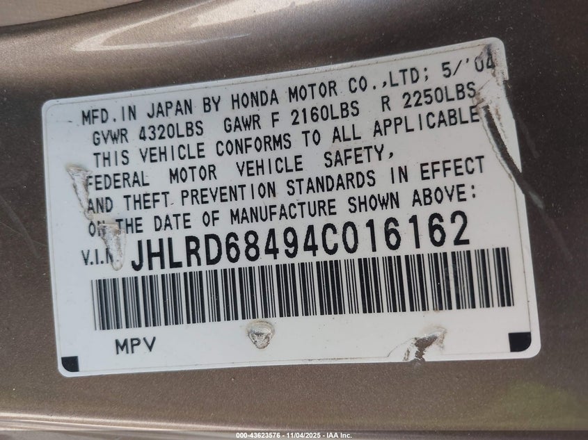 2004 Honda Cr-V Lx VIN: JHLRD68494C016162 Lot: 43623576