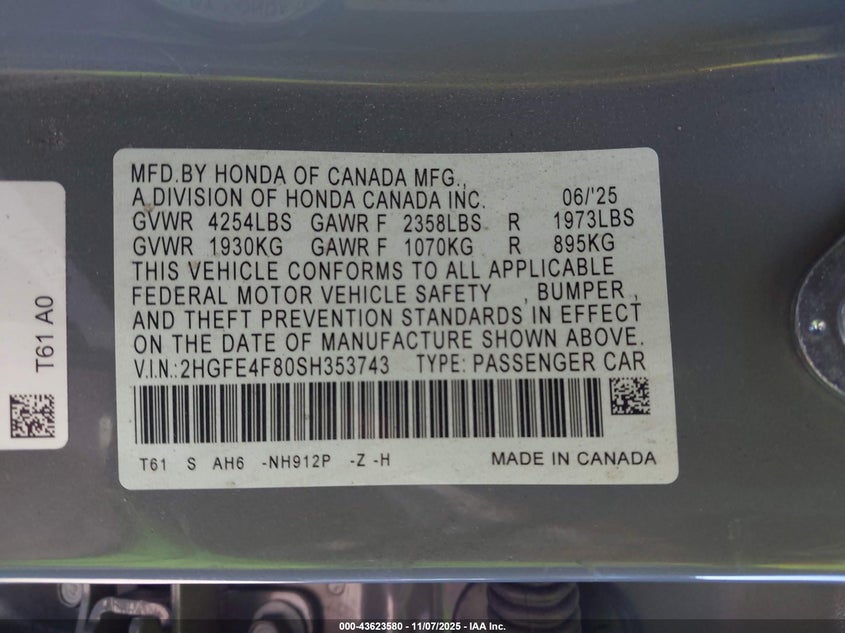 2025 HONDA CIVIC HYBRID SPORT/SPORT TOURING 2HGFE4F80SH353743