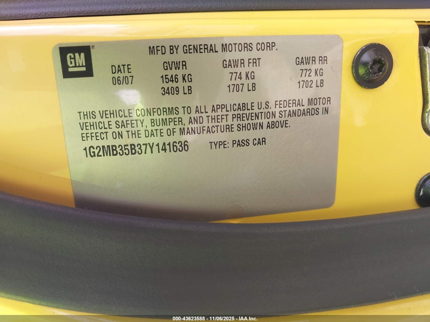 2007 Pontiac Solstice VIN: 1G2MB35B37Y141636 Lot: 43623588