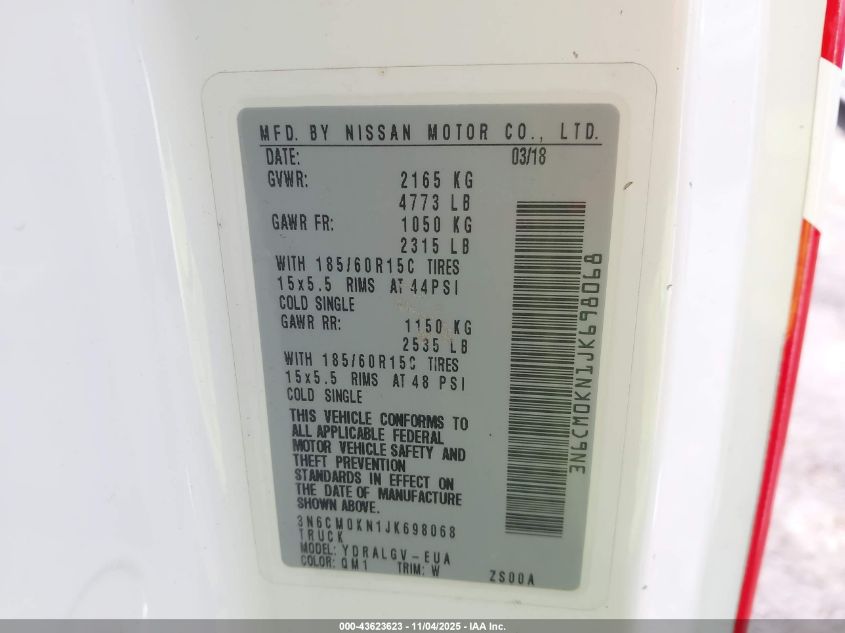 2018 Nissan Nv200 Sv VIN: 3N6CM0KN1JK698068 Lot: 43623623