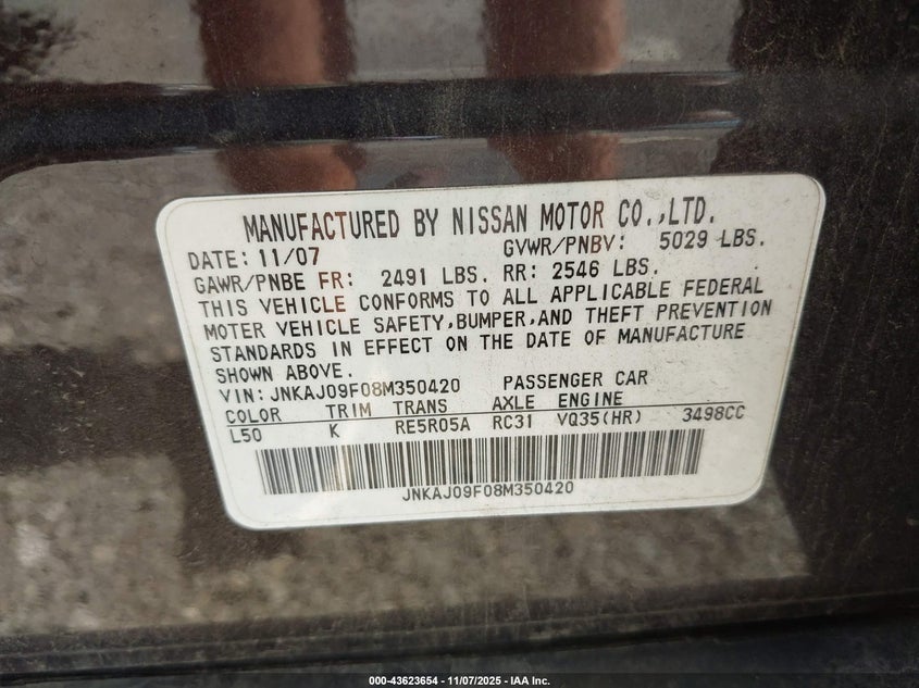 2008 Infiniti Ex35 Journey VIN: JNKAJ09F08M350420 Lot: 43623654