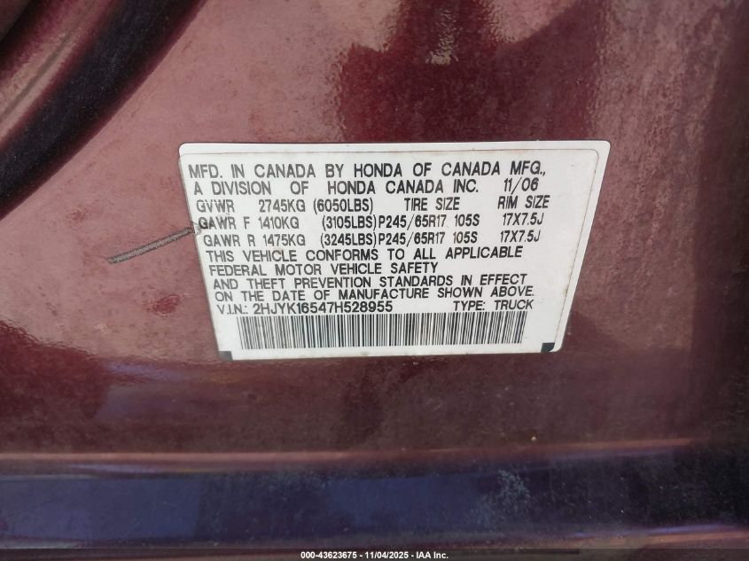 2007 Honda Ridgeline Rtl VIN: 2HJYK16547H528955 Lot: 43623675