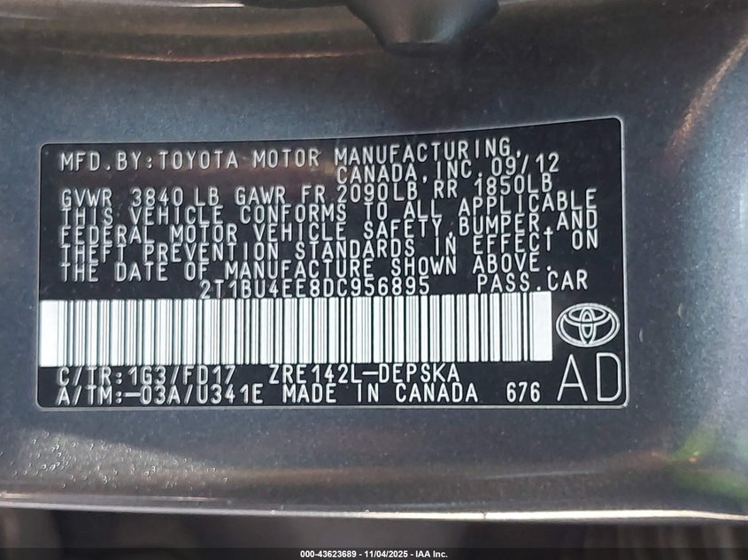 2013 TOYOTA COROLLA S 2T1BU4EE8DC956895