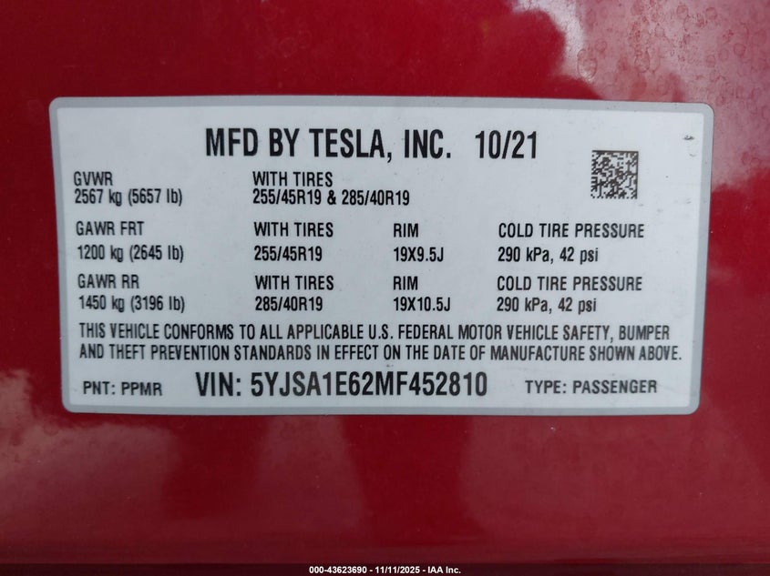 2021 Tesla Model S Plaid Tri Motor All-Wheel Drive VIN: 5YJSA1E62MF452810 Lot: 43623690