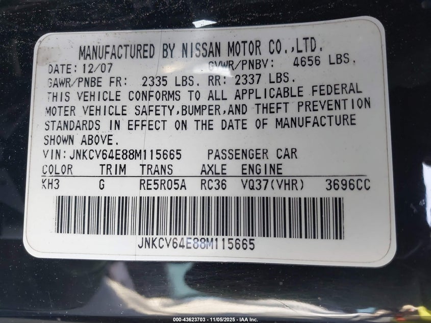 JNKCV64E88M115665 2008 INFINITI G photo no. 9