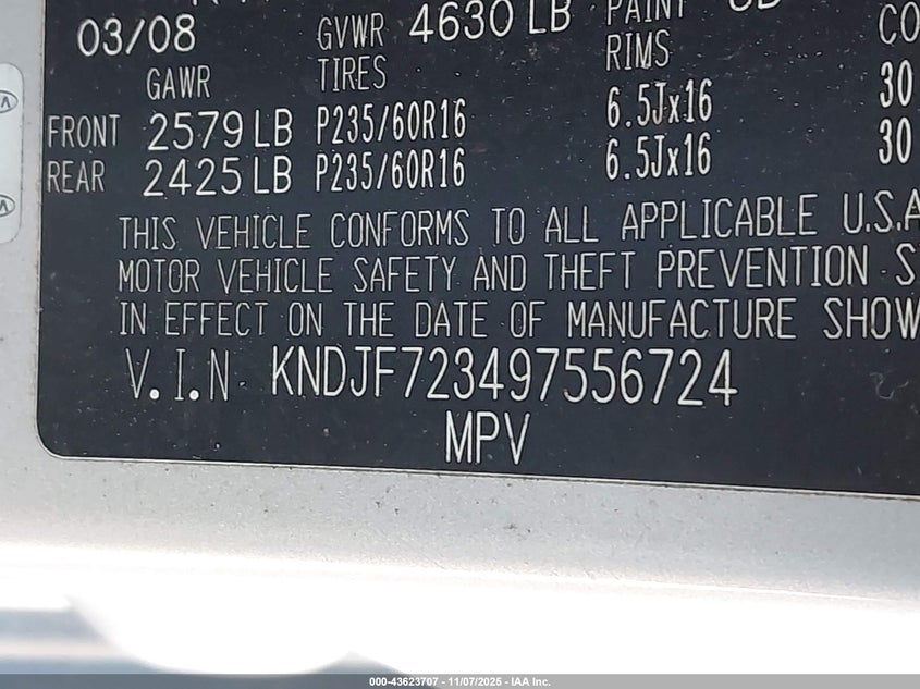 2009 Kia Sportage Ex V6 VIN: KNDJF723497556724 Lot: 43623707