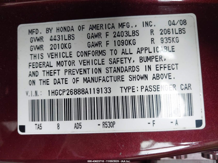 1HGCP26888A119133 2008 HONDA ACCORD photo no. 9