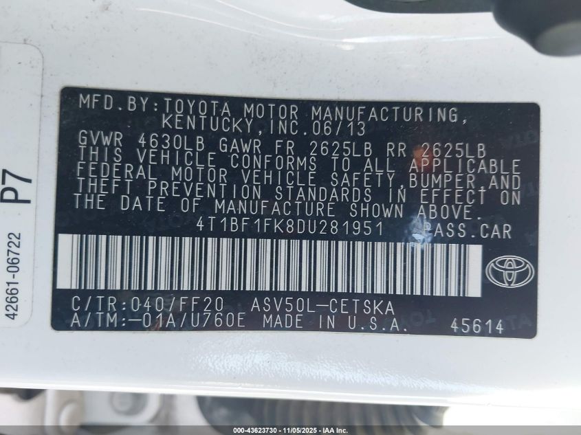 2013 Toyota Camry L/Le/Se/Xle VIN: 4T1BF1FK8D4281951 Lot: 43623730