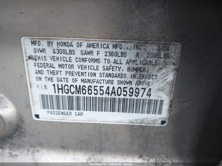 1HGCM66554A059974 2004 HONDA ACCORD photo no. 9