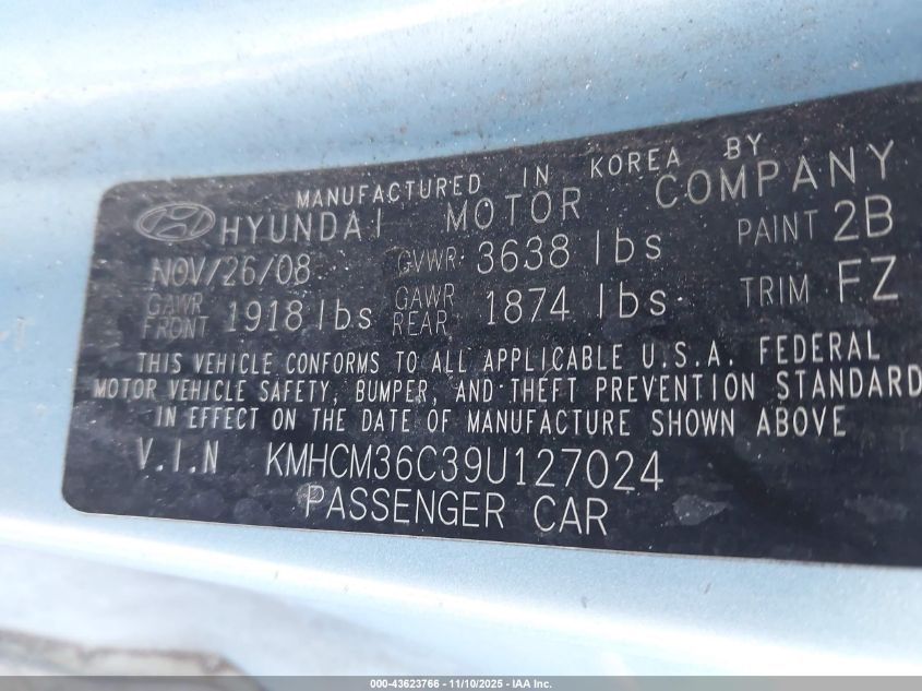 2009 Hyundai Accent Gs VIN: KMHCM36C39U127024 Lot: 43623766