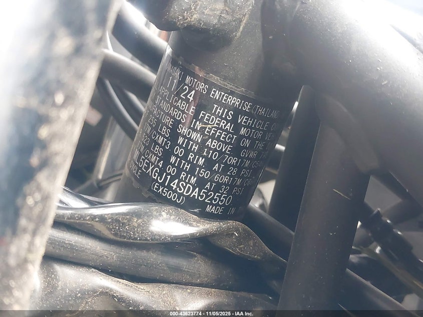 2025 Kawasaki Ex500 A/B VIN: ML5EXGJ14SDA52550 Lot: 43623774