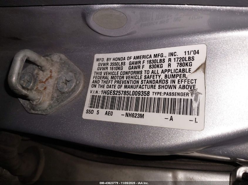 2005 Honda Civic Ex VIN: 1HGES25785L009358 Lot: 43623779