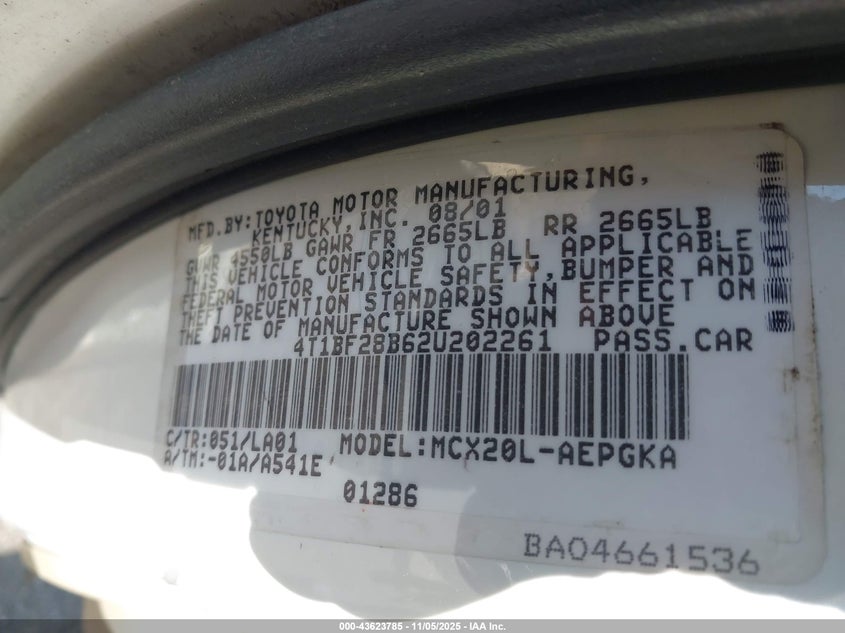 2002 Toyota Avalon Xls VIN: 4T1BF28B62U202261 Lot: 43623785