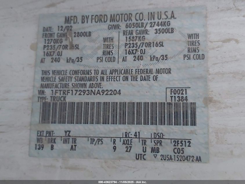 2003 Ford F-150 Xl/Xlt VIN: 1FTRF17293NA92204 Lot: 43623794