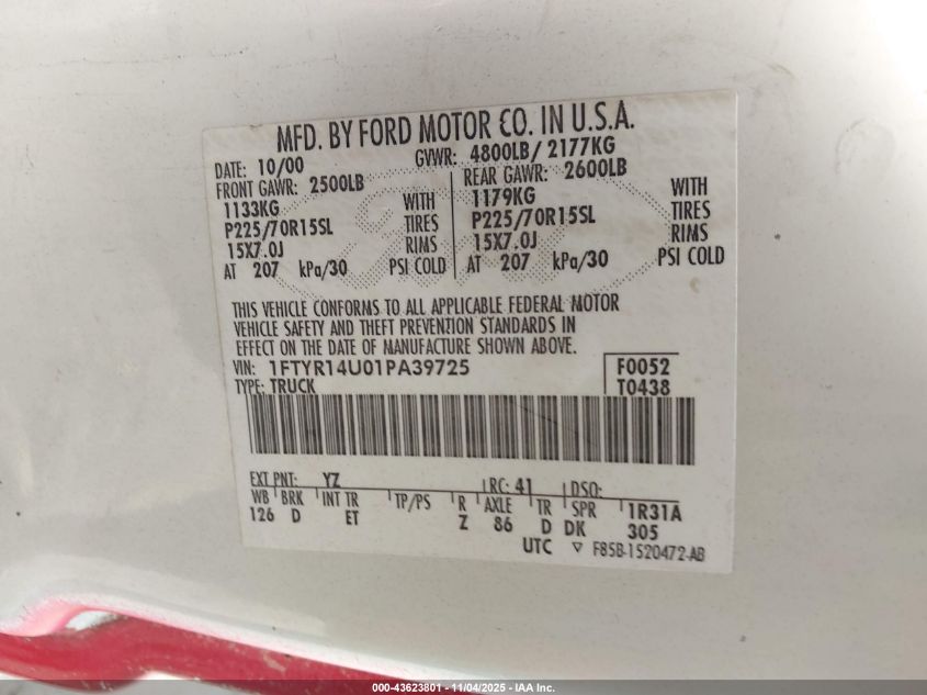 2001 Ford Ranger VIN: 1FTYR14U01PA39725 Lot: 43623801