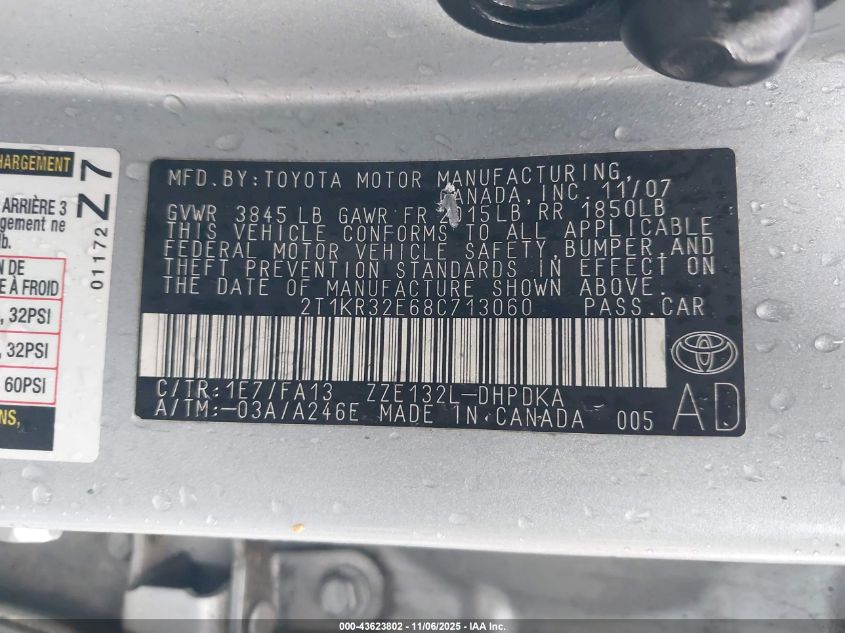 2008 Toyota Matrix VIN: 2T1KR32E68C713060 Lot: 43623802