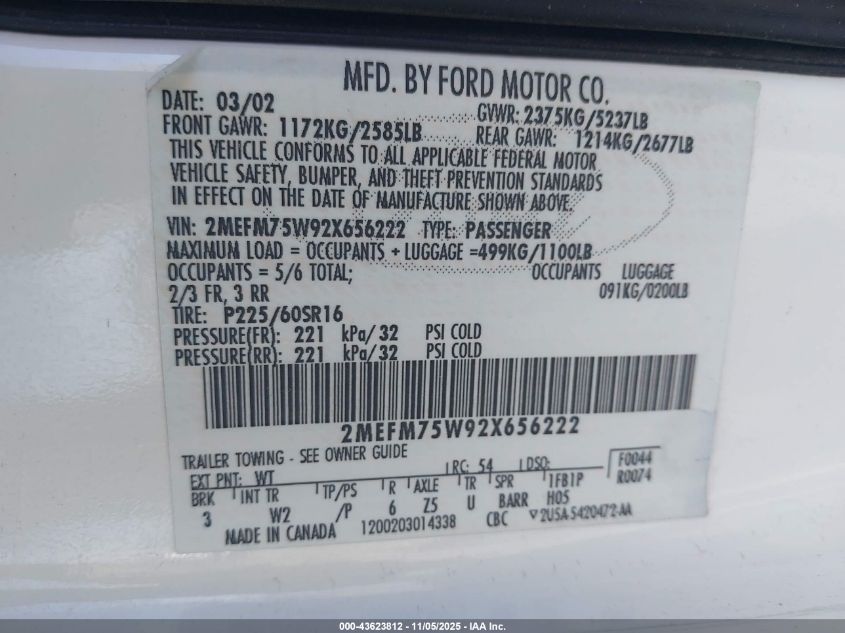 2002 Mercury Grand Marquis Ls VIN: 2MEFM75W92X656222 Lot: 43623812