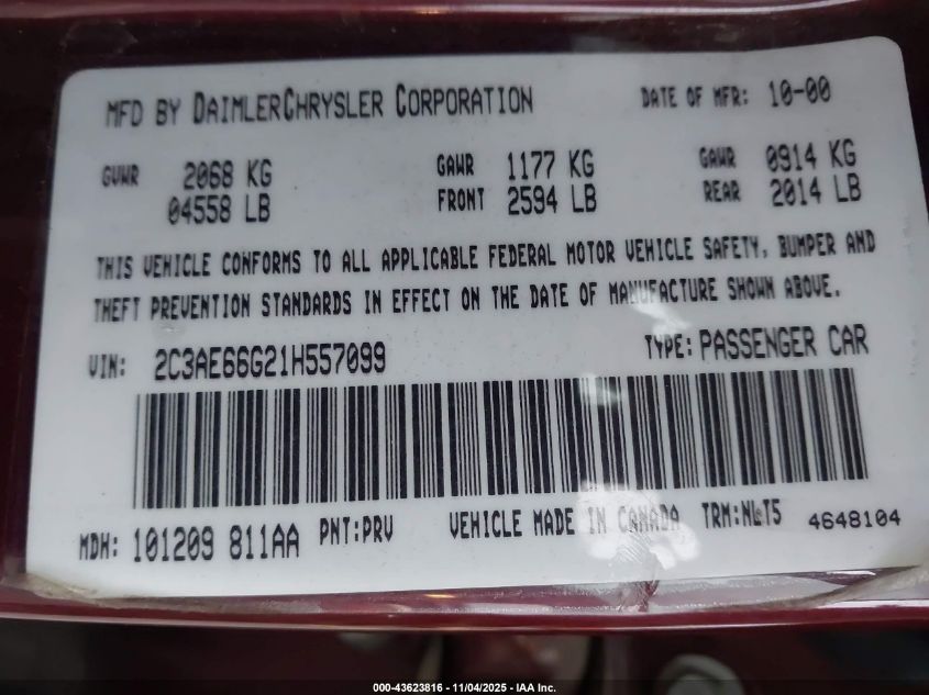 2001 Chrysler 300M VIN: 2C3AE66G21H557099 Lot: 43623816