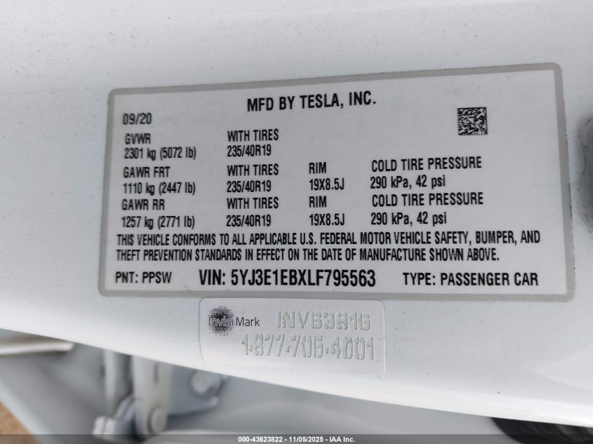 2020 Tesla Model 3 Long Range Dual Motor All-Wheel Drive VIN: 5YJ3E1EBXLF795563 Lot: 43623822
