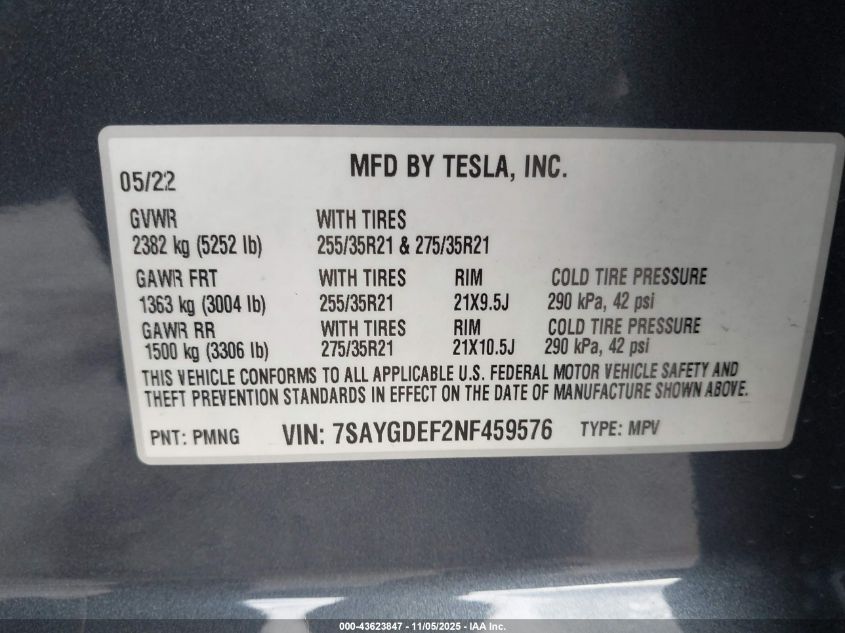 2022 Tesla Model Y Performance Dual Motor All-Wheel Drive VIN: 7SAYGDEF2NF459576 Lot: 43623847