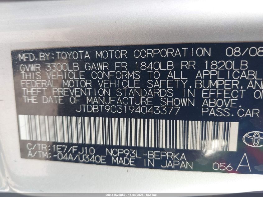 2009 Toyota Yaris VIN: JTDBT903194043377 Lot: 43623859