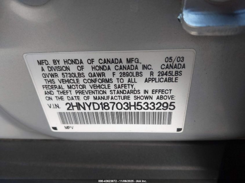 2003 Acura Mdx VIN: 2HNYD18703H533295 Lot: 43623872