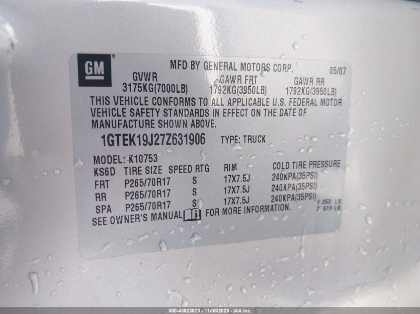 2007 GMC Sierra 1500 Sle1 VIN: 1GTEK19J27Z631906 Lot: 43623873