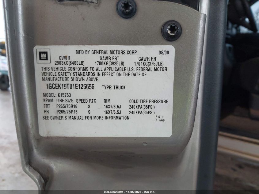 2001 Chevrolet Silverado 1500 Ls VIN: 1GCEK19T01E126656 Lot: 43623891