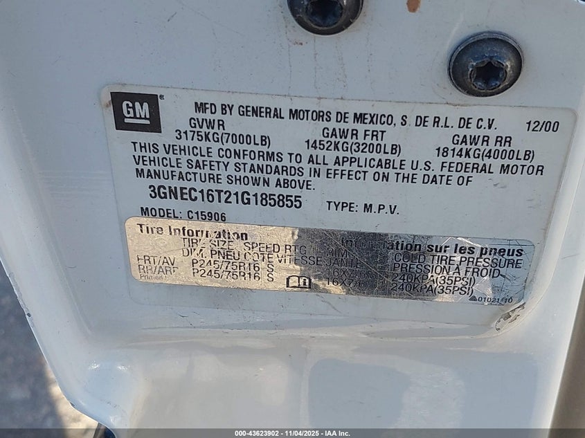 2001 Chevrolet Suburban 1500 Ls VIN: 3GNEC16T21G185855 Lot: 43623902