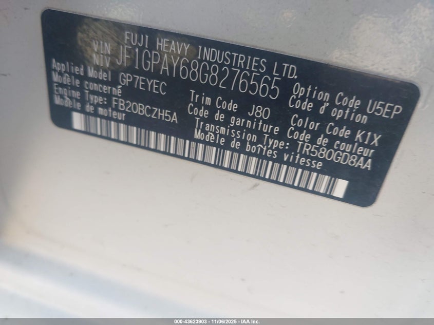 2016 SUBARU IMPREZA 2.0I SPORT LIMITED - JF1GPAY68G8276565