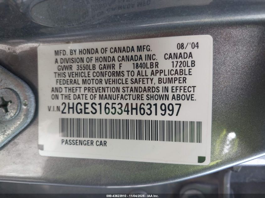 2004 Honda Civic Lx VIN: 2HGES16534H631997 Lot: 43623910