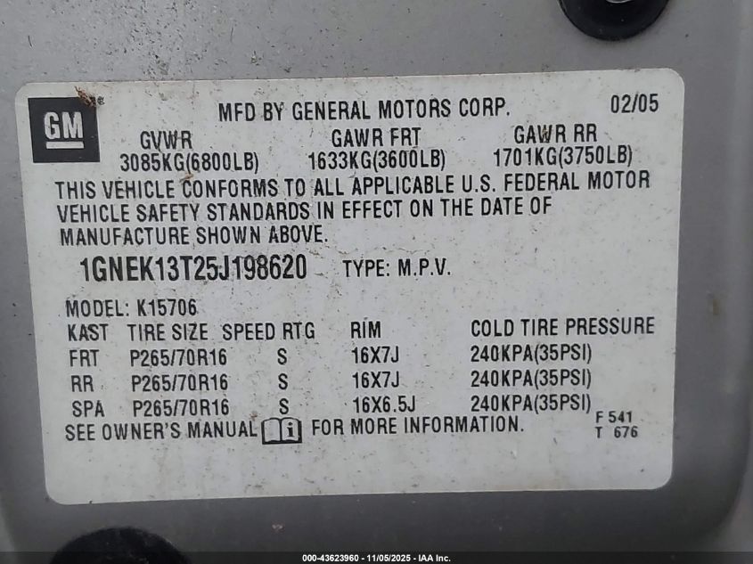 2005 Chevrolet Tahoe Ls VIN: 1GNEK13T25J198620 Lot: 43623960