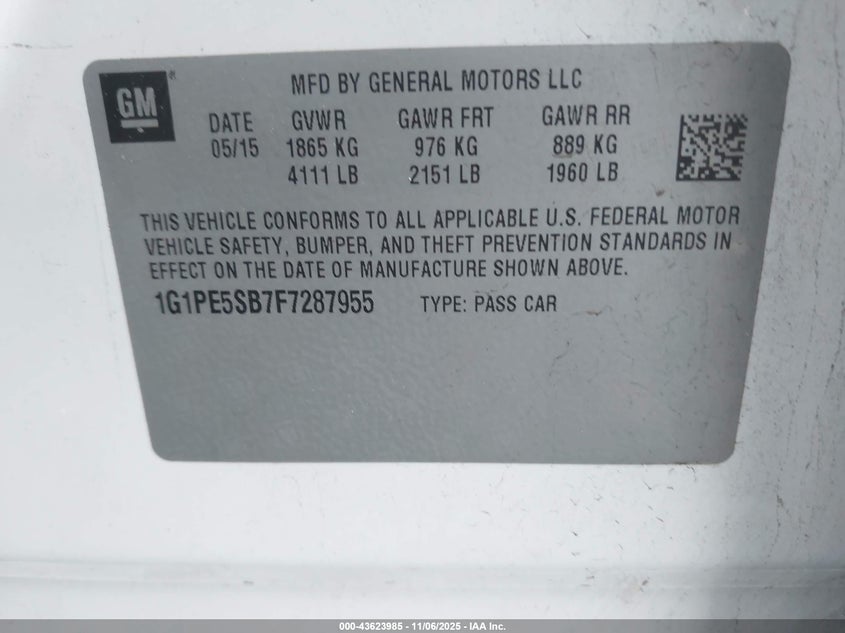 2015 CHEVROLET CRUZE 2LT AUTO 1G1PE5SB7F7287955