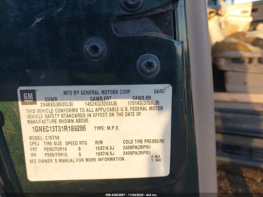 2001 Chevrolet Tahoe Lt VIN: 1GNEC13T31R189286 Lot: 43623987