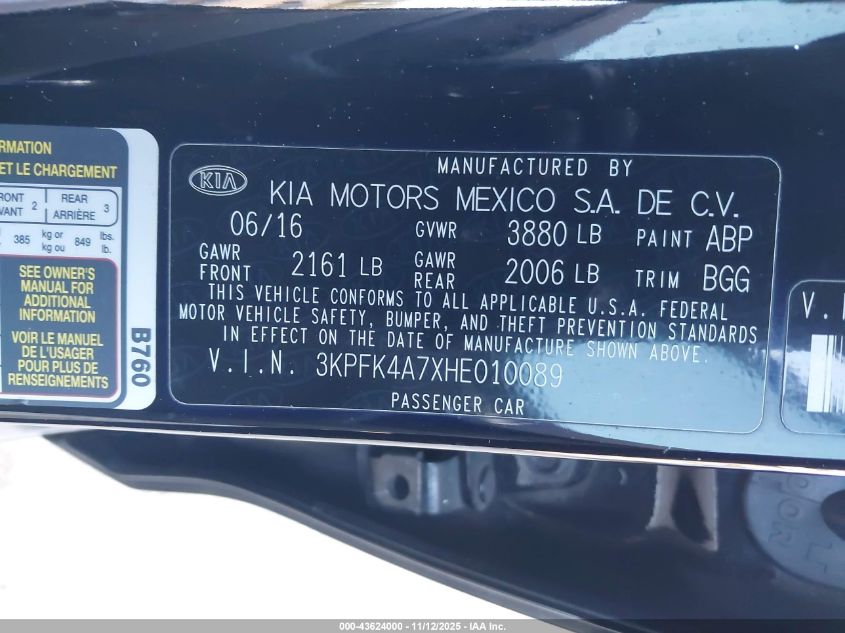 2017 Kia Forte Lx VIN: 3KPFK4A7XHE010089 Lot: 43624000