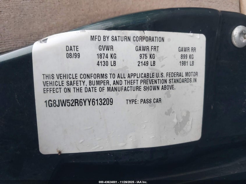 2000 Saturn Ls2 VIN: 1G8JW52R6YY613209 Lot: 43624001