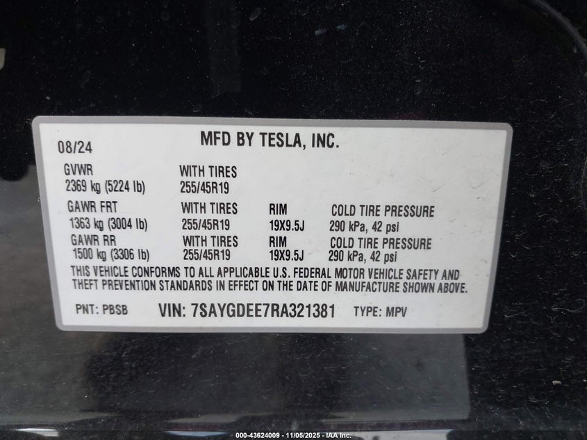 2024 Tesla Model Y Long Range Dual Motor All-Wheel Drive VIN: 7SAYGDEE7RA321381 Lot: 43624009