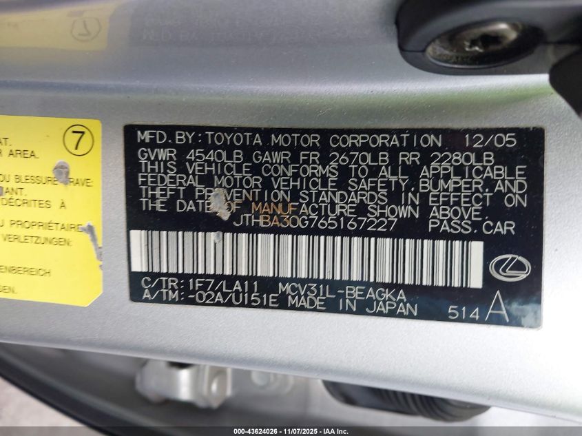 2006 Lexus Es 330 VIN: JTHBA30G765167227 Lot: 43624026