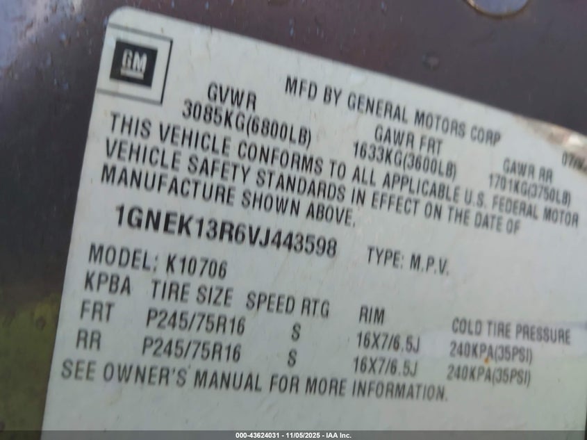 1997 Chevrolet Tahoe Ls VIN: 1GNEK13R6VJ443598 Lot: 43624031